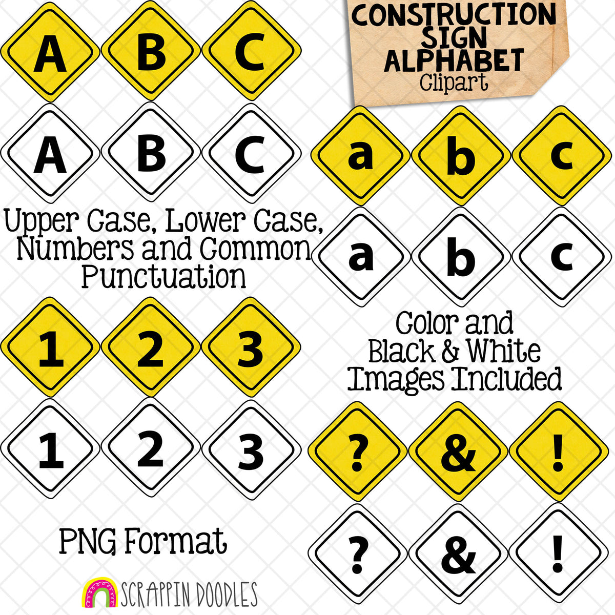 Construction Sign Alphabet ClipArt - Numbers - PNG Graphics - Punctuation - Instant Download Sublimation Graphics