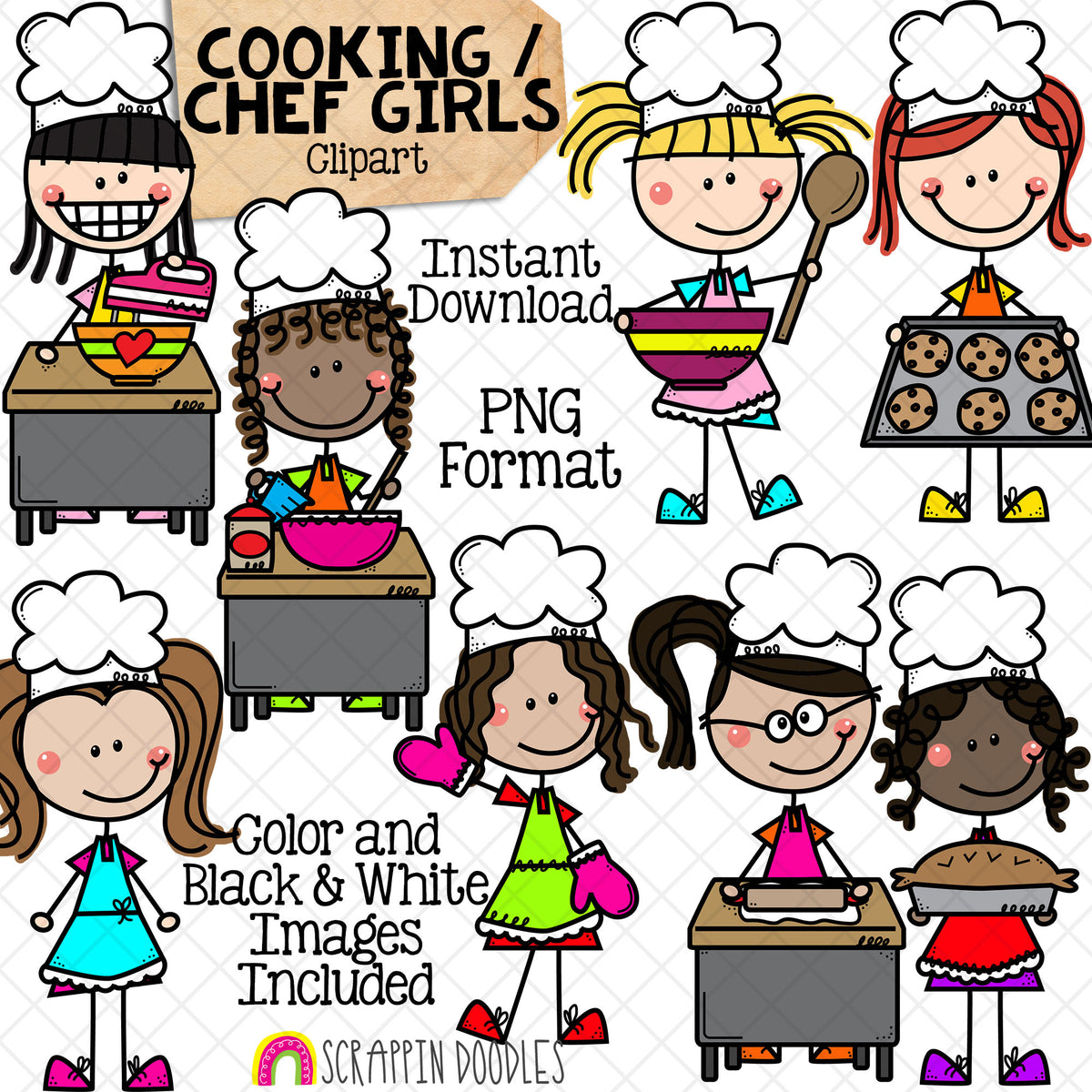 Cooking Clip Art - Doodle Girls in Chef Hats - Baking - Mixing - Rolling Dough - Making Cookies - Stick Figure Graphics - Commercial Use PNG