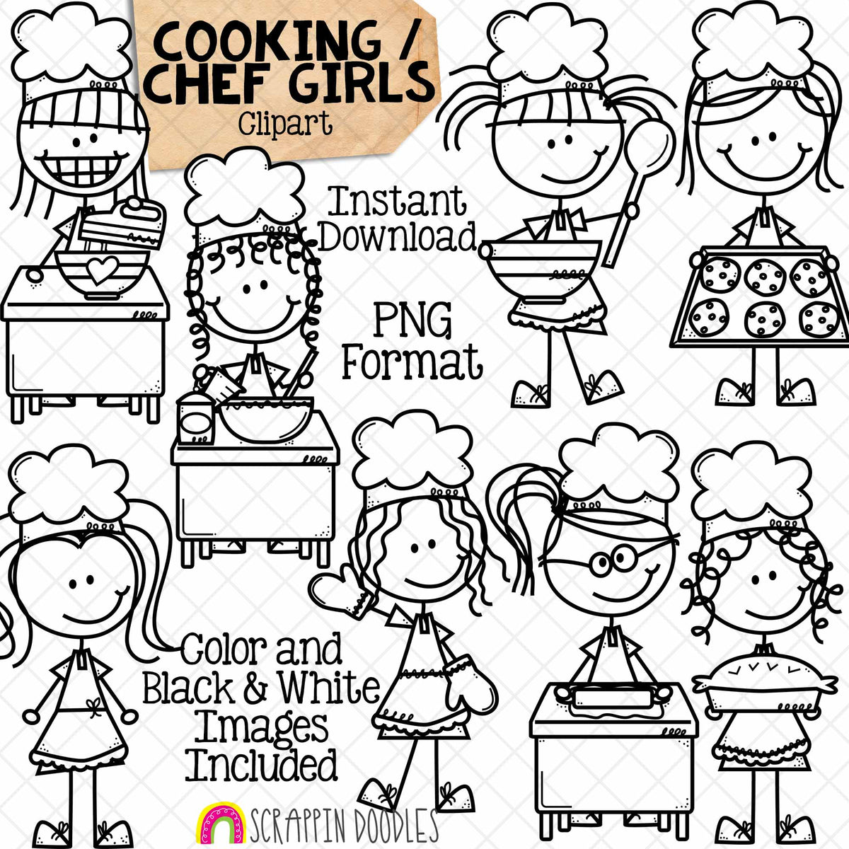 Cooking Clip Art - Doodle Girls in Chef Hats - Baking - Mixing - Rolling Dough - Making Cookies - Stick Figure Graphics - Commercial Use PNG