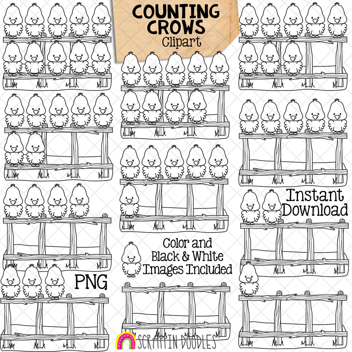 Counting Crows ClipArt - Autumn Crow on Fence Counting - Seasonal Math Graphics - Commercial Use PNG