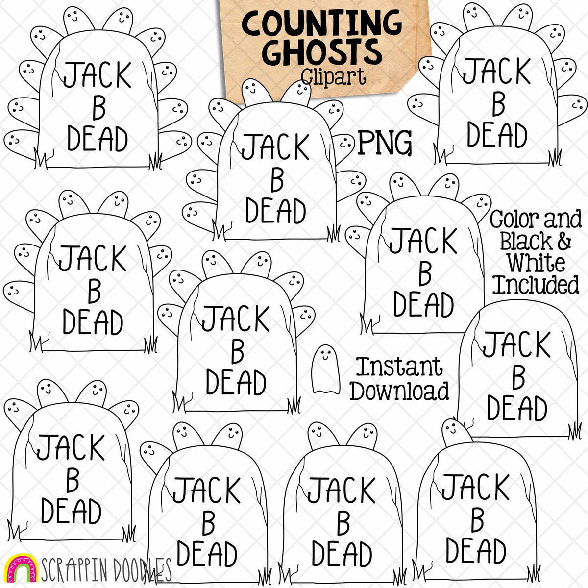 Counting Ghosts ClipArt - Halloween Tombstone Ghost Counting - Seasonal Math Graphics - Commercial Use PNG