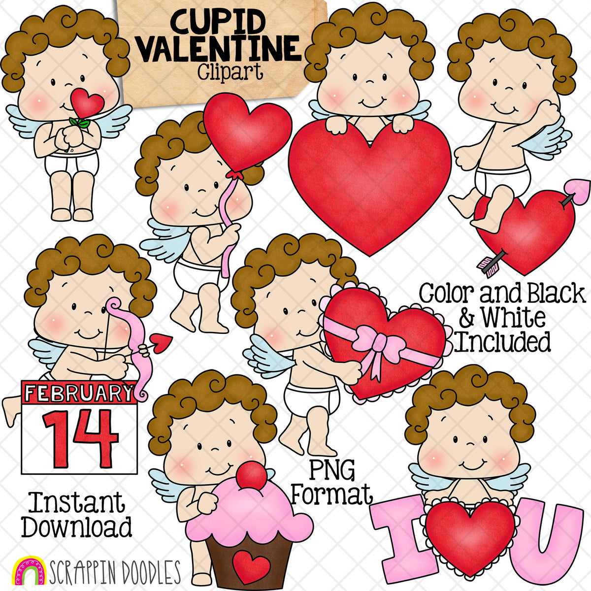 Valentine Cupid ClipArt - Valentines Day - Cute Cupid - Heart Balloons - Love - Valentines Day Card - Commercial Use Sublimation