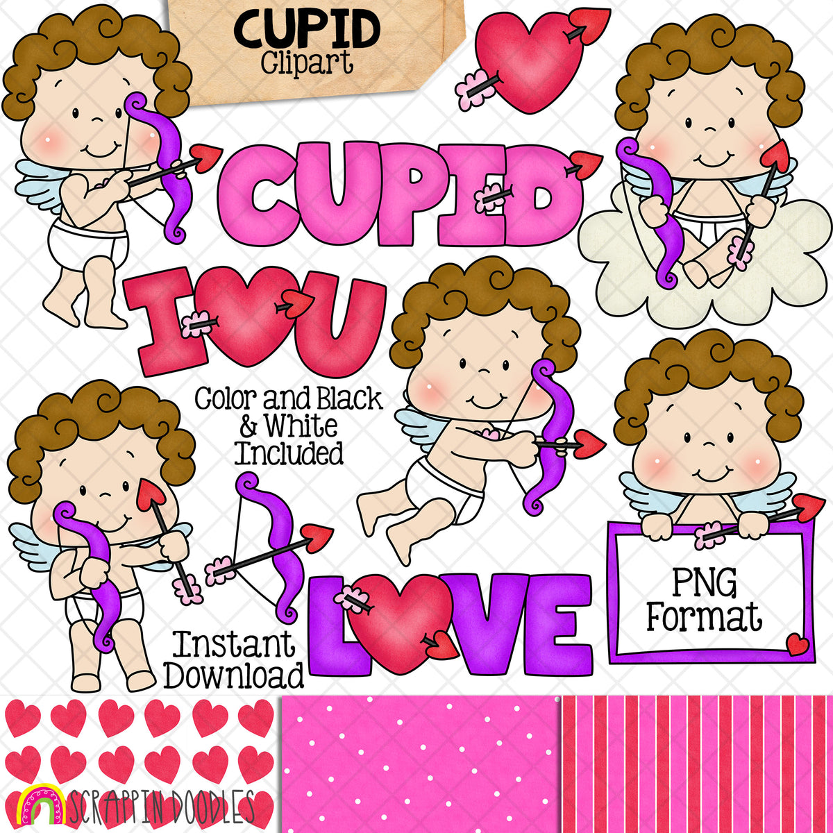 Cupid ClipArt - Valentines Day - Cute Cupid - Cupids Arrow - Heart - Love - Holding Frame - Commercial Use Sublimation