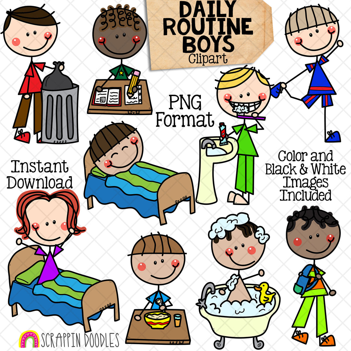 Daily Routine ClipArt - Doodle Boys Clip Art - Kids - Chores - Brushing Teeth - Going to Sleep - Homework - Bathing - Commercial Use PNG