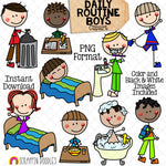 Daily Routine ClipArt - Doodle Boys Clip Art - Kids - Chores - Brushing Teeth - Going to Sleep - Homework - Bathing - Commercial Use PNG