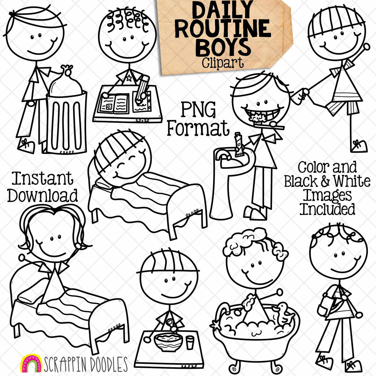 Daily Routine ClipArt - Doodle Boys Clip Art - Kids - Chores - Brushing Teeth - Going to Sleep - Homework - Bathing - Commercial Use PNG