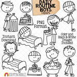 Daily Routine ClipArt - Doodle Boys Clip Art - Kids - Chores - Brushing Teeth - Going to Sleep - Homework - Bathing - Commercial Use PNG