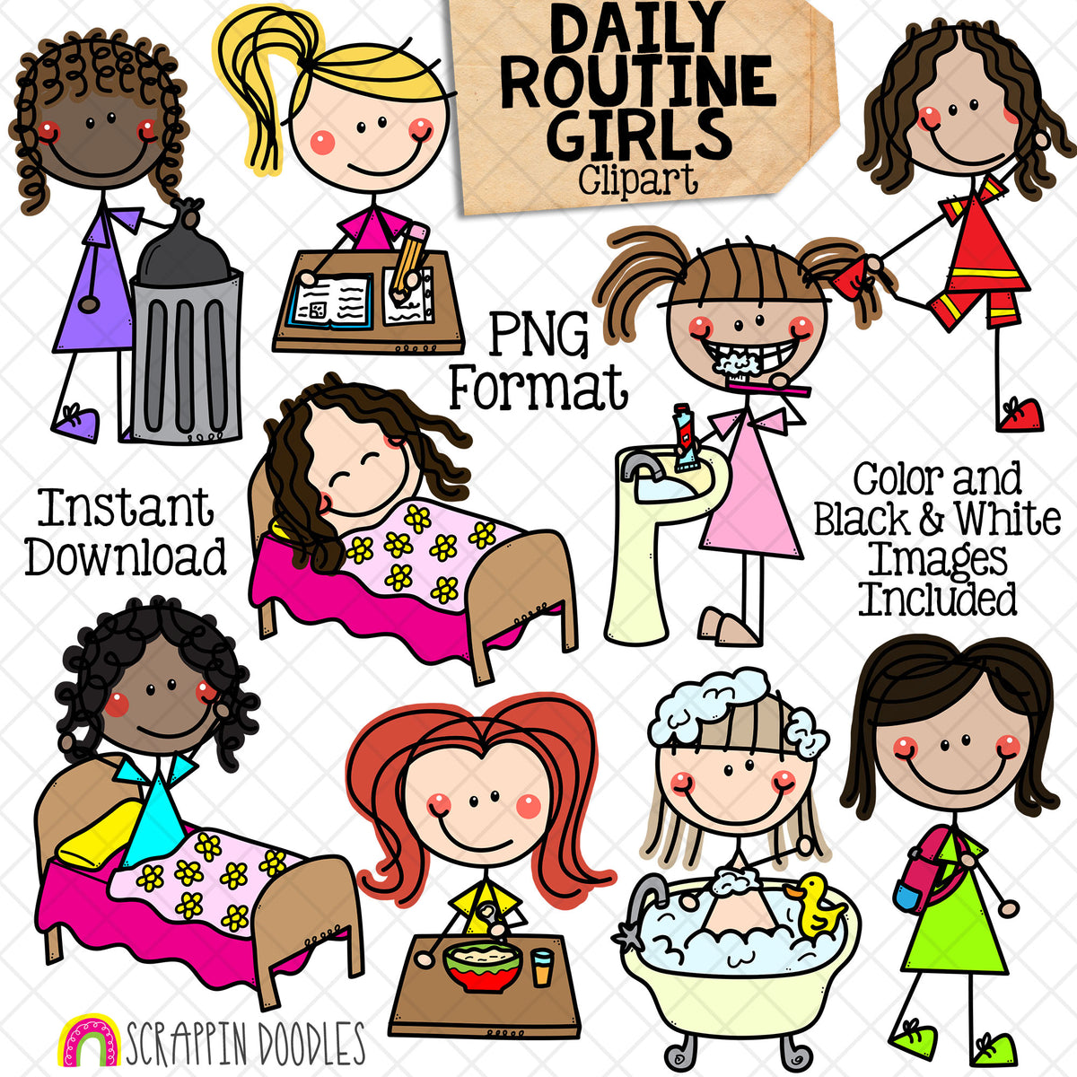 Daily Routine ClipArt - Doodle Girls Clip Art - Kids - Chores - Brushing Teeth - Going to Sleep - Homework - Bathing - Commercial Use PNG