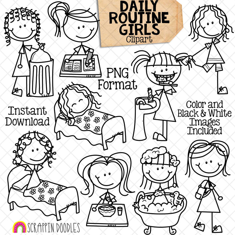 Daily Routine ClipArt - Doodle Girls Clip Art - Kids - Chores - Brushing Teeth - Going to Sleep - Homework - Bathing - Commercial Use PNG