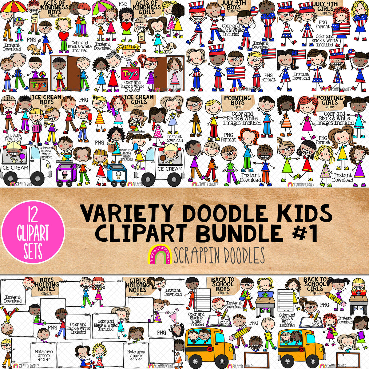 Doodle Kids Clipart Bundle - Doodle Boys and Girls Bundle 1