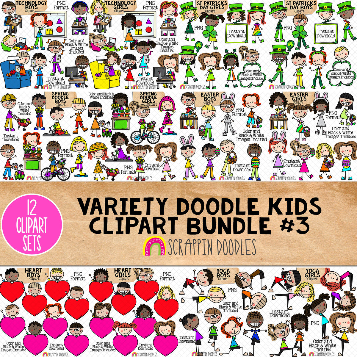 Doodle Kids Clipart Bundle 3 - Doodle Boy and Girl Bundle 3