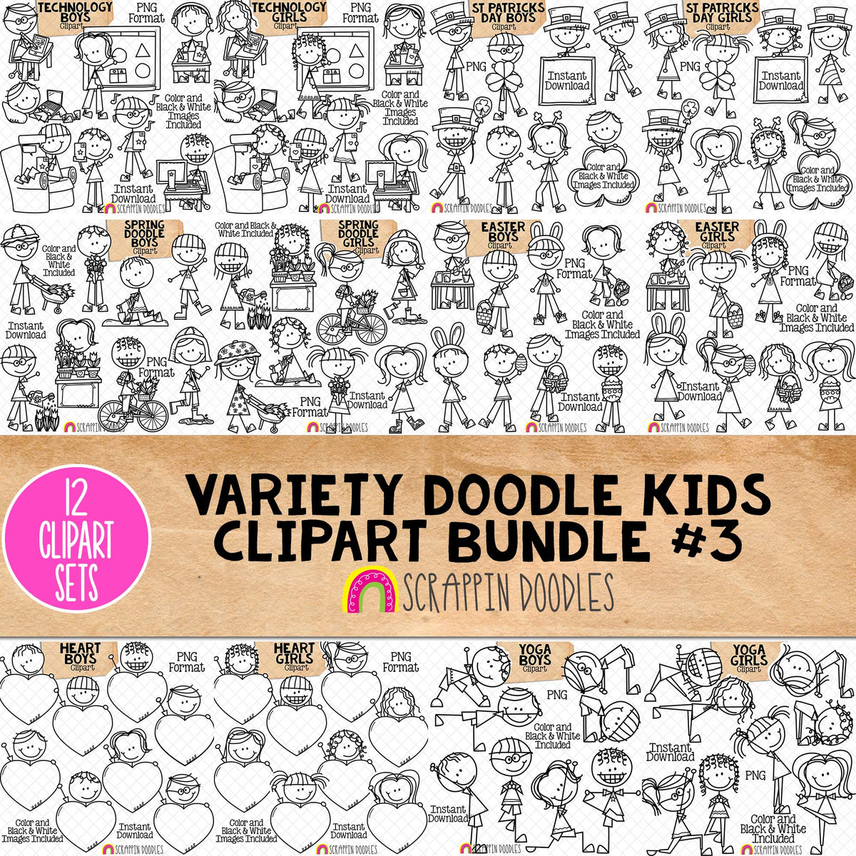 Doodle Kids Clipart Bundle 3 - Doodle Boy and Girl Bundle 3