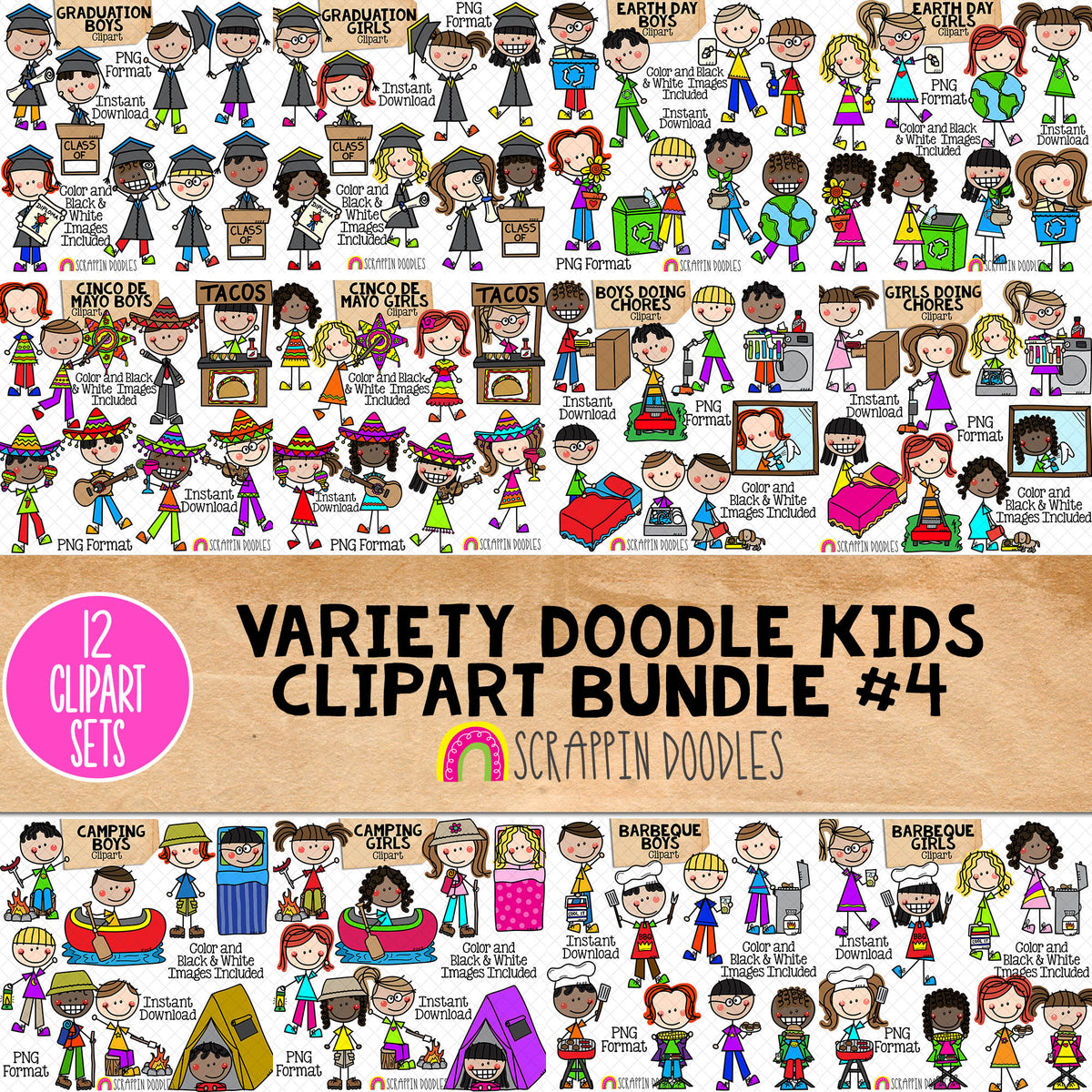 Doodle Kids Clipart Bundle 4 - Doodle Boy and Girl Bundle 4