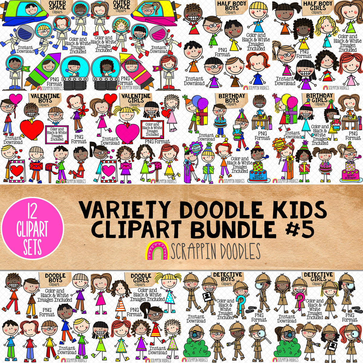 Doodle Kids Clipart Bundle 5 - Doodle Boy and Girl Bundle 5