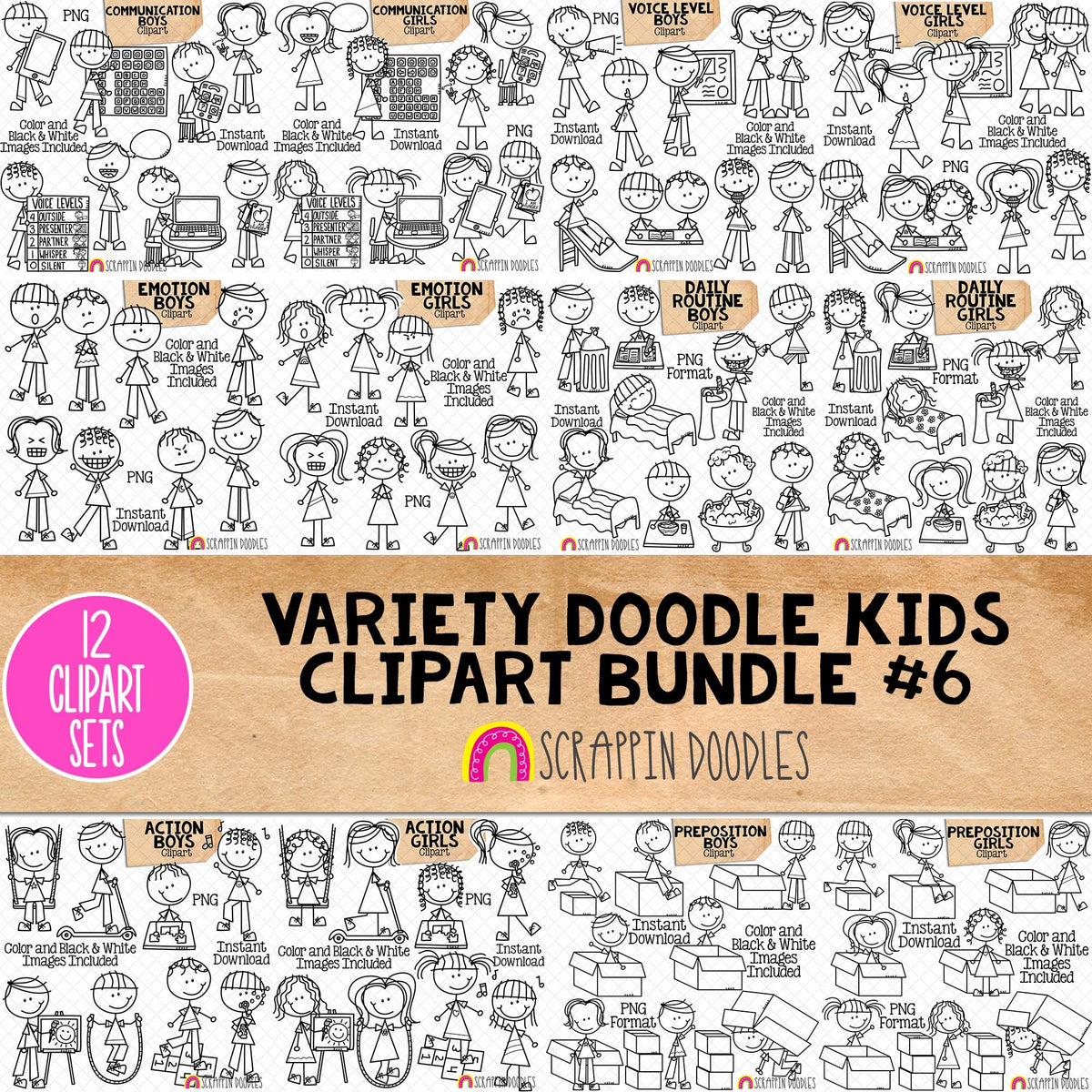 Doodle Kids Clipart Bundle 6 - Doodle Boy and Girl Bundle 6