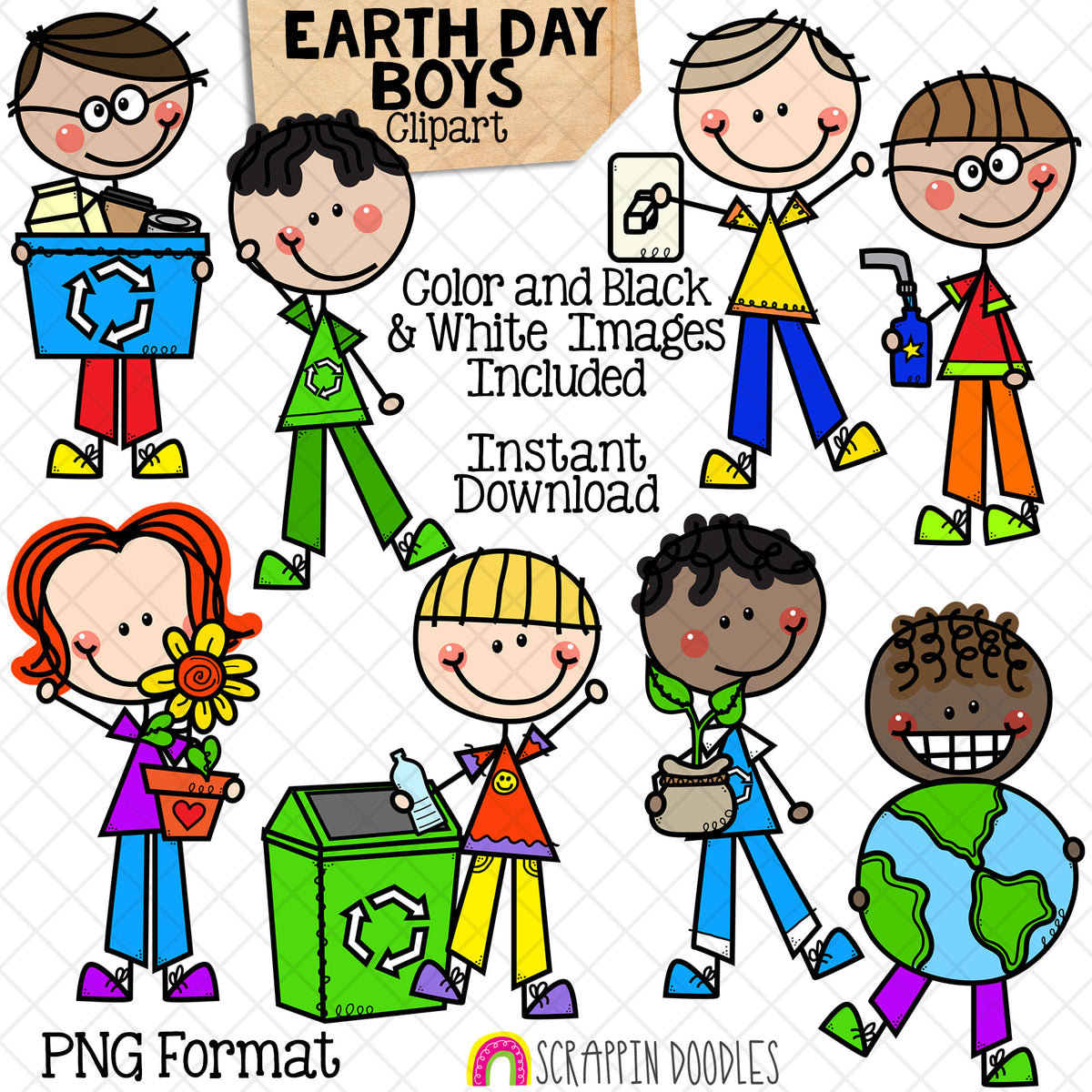 Earth Day Clipart - Doodle Boys - Climate Change - Environmental Kids - Reduce Reuse Recycle Graphics - Eco Friendly - Hand Drawn - CU PNG