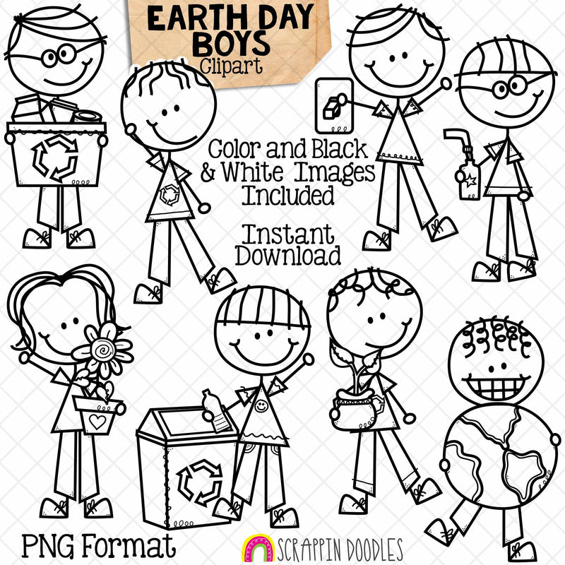 Earth Day Clipart - Doodle Boys - Climate Change - Environmental Kids - Reduce Reuse Recycle Graphics - Eco Friendly - Hand Drawn - CU PNG