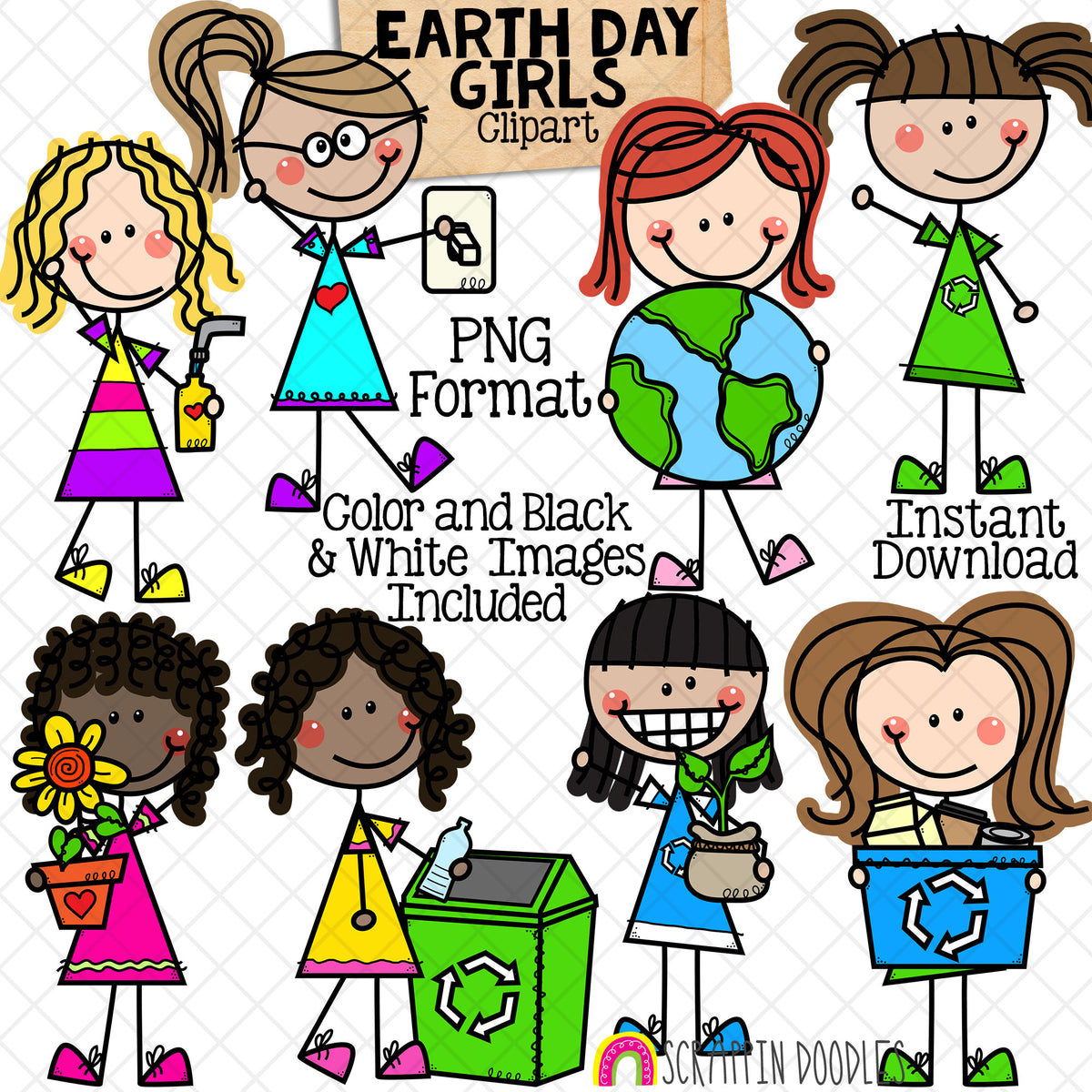 Earth Day Clipart - Doodle Girls - Climate Change - Environmental Kids - Reduce Reuse Recycle Graphics - Eco Friendly - Hand Drawn - CU PNG