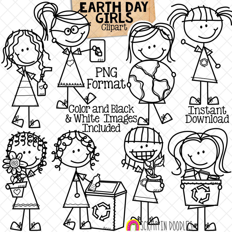 Earth Day Clipart - Doodle Girls - Climate Change - Environmental Kids - Reduce Reuse Recycle Graphics - Eco Friendly - Hand Drawn - CU PNG