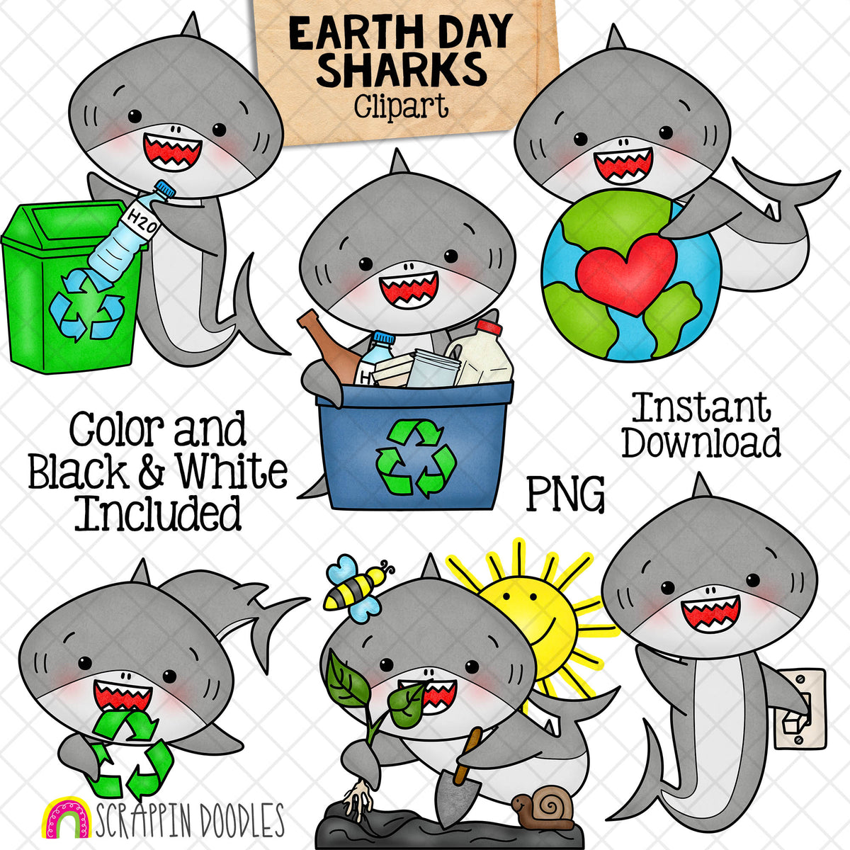 Earth Day Sharks Clip Art - Grey Shark Recycling Clipart - Baby Shark - Commercial Use PNG Sublimation