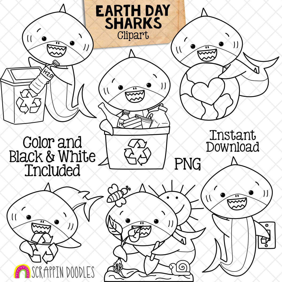 Earth Day Sharks Clip Art - Grey Shark Recycling Clipart - Baby Shark - Commercial Use PNG Sublimation