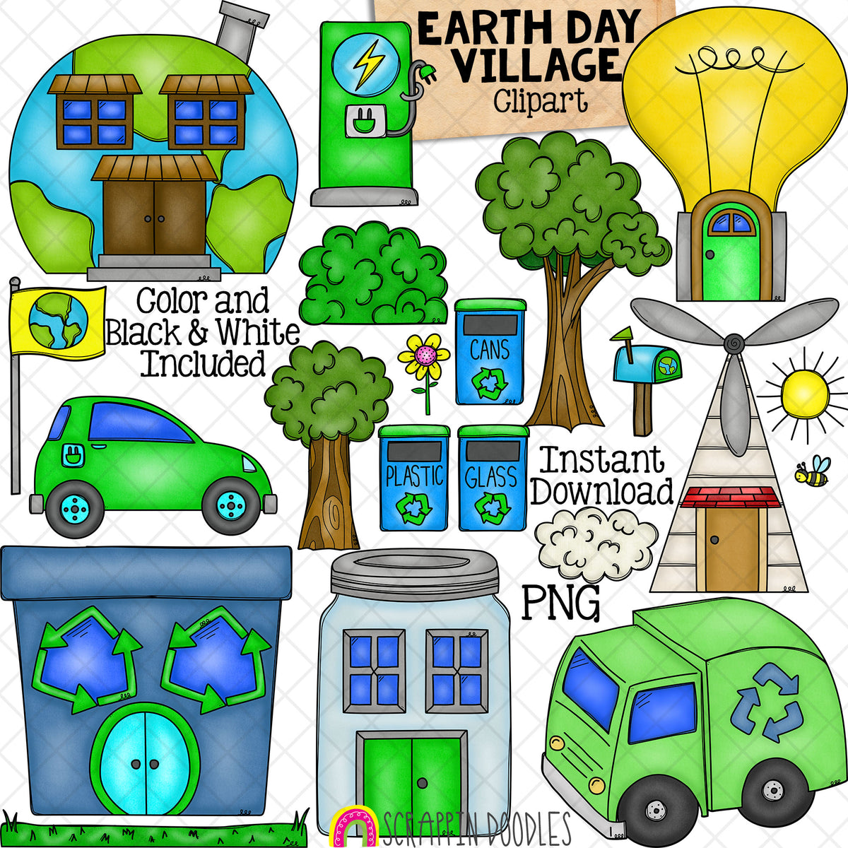 Earth Day Village Clipart - Recycling Clip Art - Environmental - Electric Car Charging Station - Eco Friendly - PNG - CU