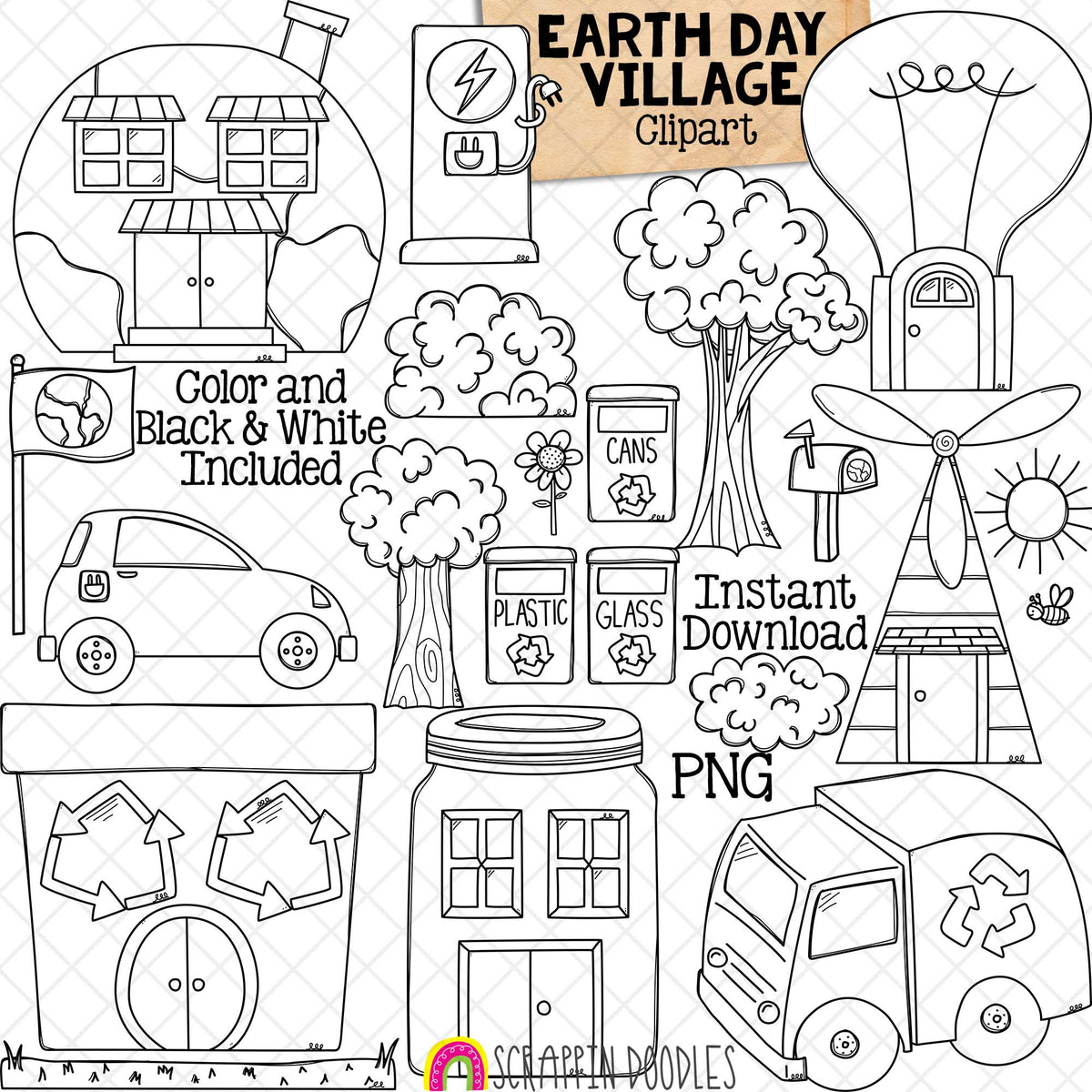 Earth Day Village Clipart - Recycling Clip Art - Environmental - Electric Car Charging Station - Eco Friendly - PNG - CU