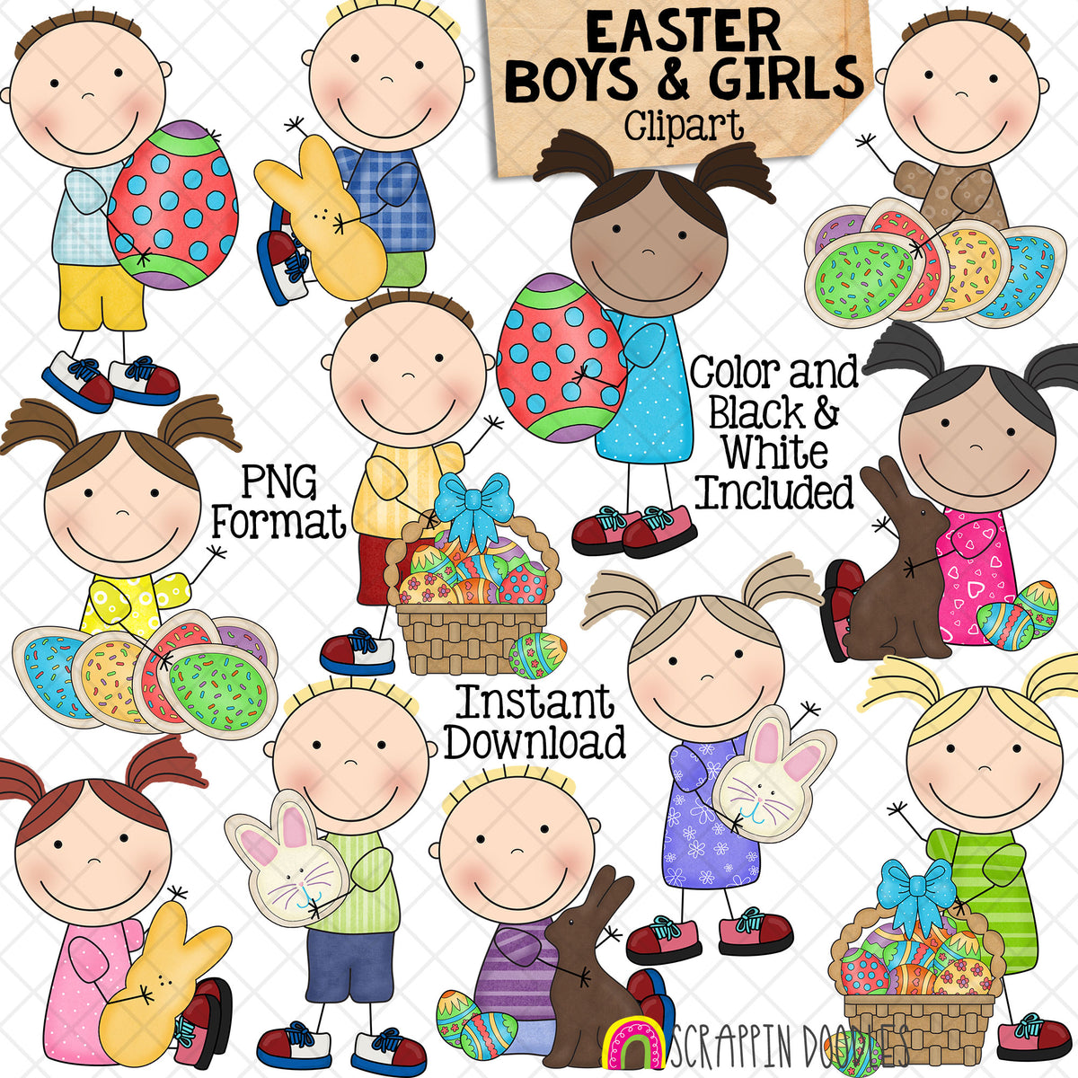 Easter Boys and Girls Clipart - Stick Kids - Easter Candy - Commercial Use PNG - Susie and Tommy