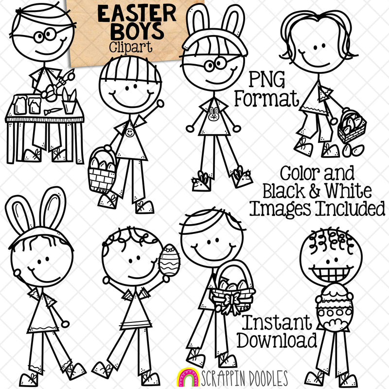 Easter Boys ClipArt - Doodle Boy Easter Clip Art - Egg Hunt - Painting Easter Eggs - Bunny Ears - Commercial Use PNG