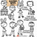 Easter Boys ClipArt - Doodle Boy Easter Clip Art - Egg Hunt - Painting Easter Eggs - Bunny Ears - Commercial Use PNG