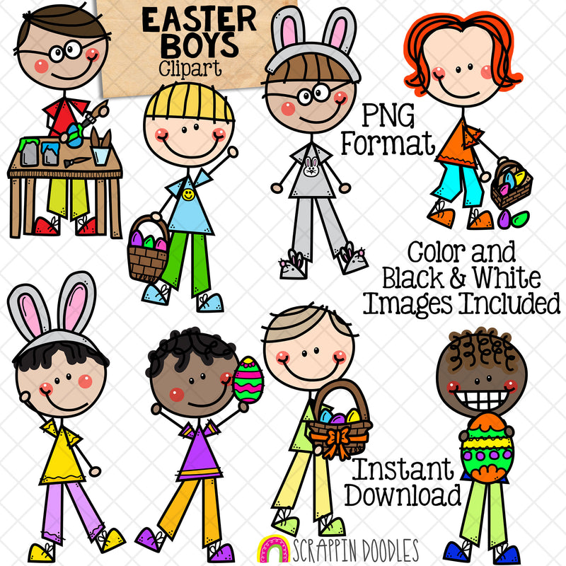 Easter Boys ClipArt - Doodle Boy Easter Clip Art - Egg Hunt - Painting Easter Eggs - Bunny Ears - Commercial Use PNG