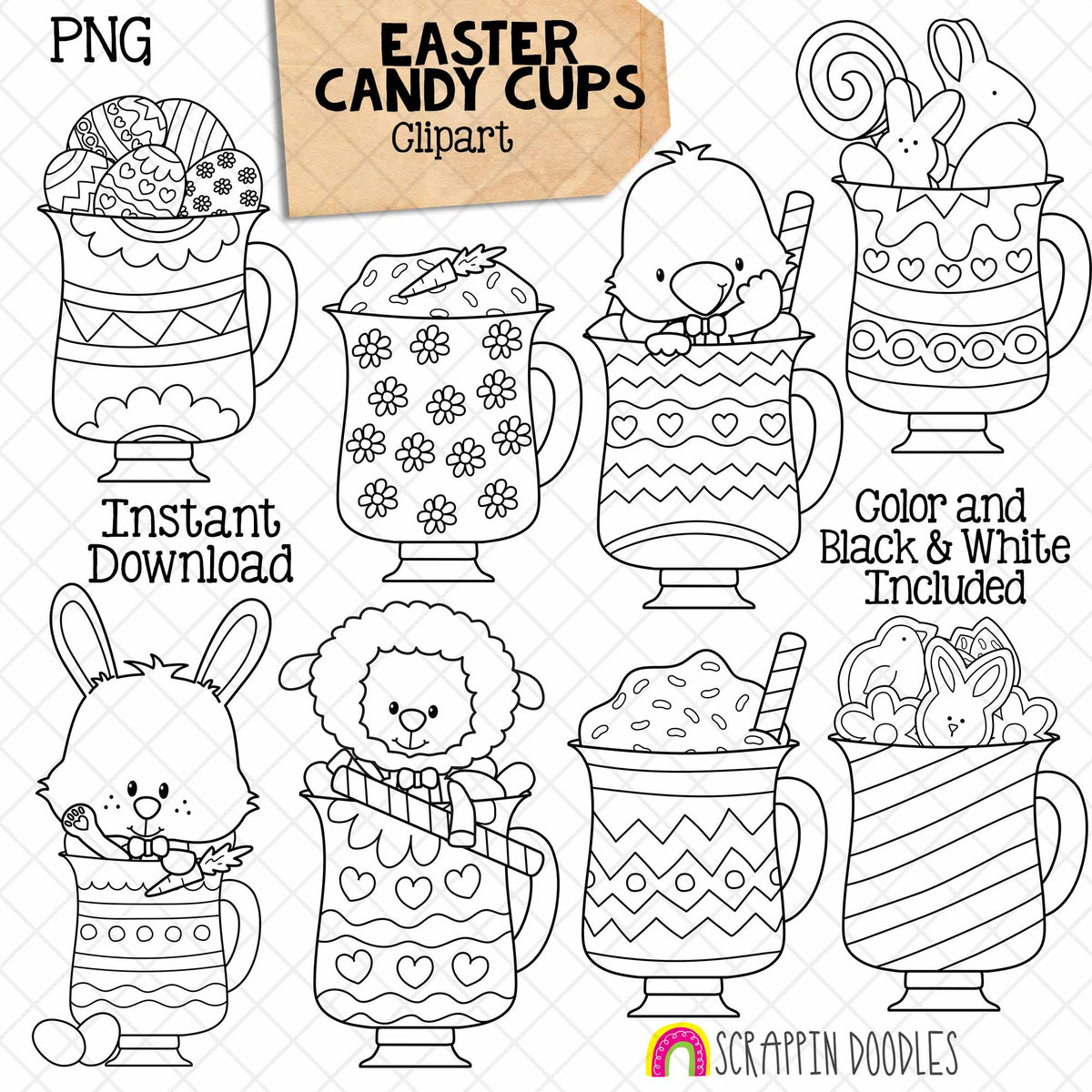 Easter Cups ClipArt - Decorated Coffee Cups - Easter Candy - Bunny - Sheep - Chick - CU PNG