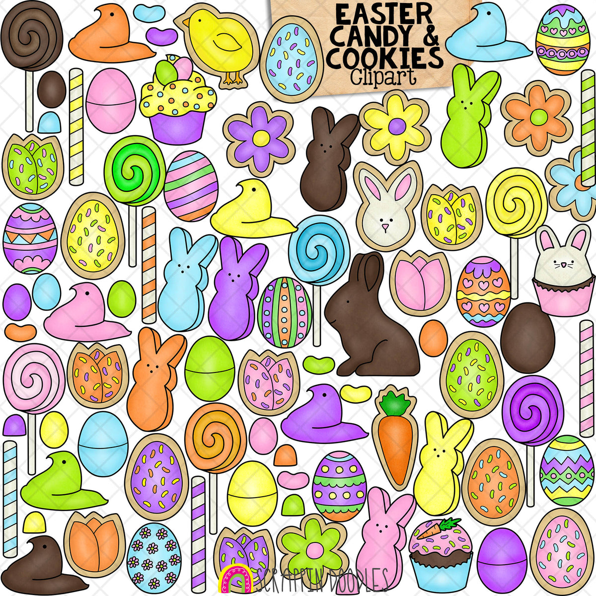 Easter Candy and Cookies ClipArt 2024 - Cupcakes - Decorated Eggs - Sprinkle Cookies - Chocolate Bunny - Commercial Use - PNG