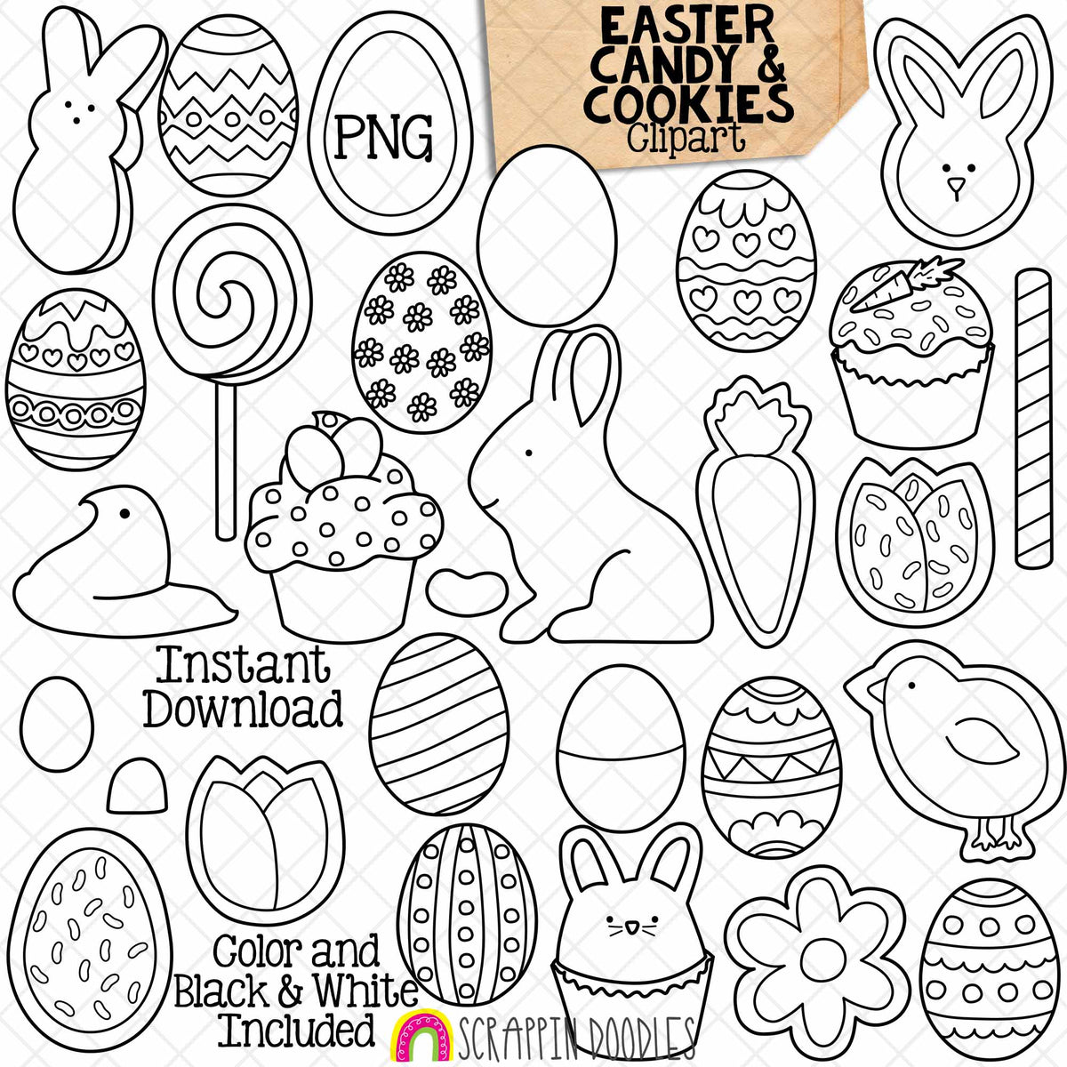 Easter Candy and Cookies ClipArt 2024 - Cupcakes - Decorated Eggs - Sprinkle Cookies - Chocolate Bunny - Commercial Use - PNG