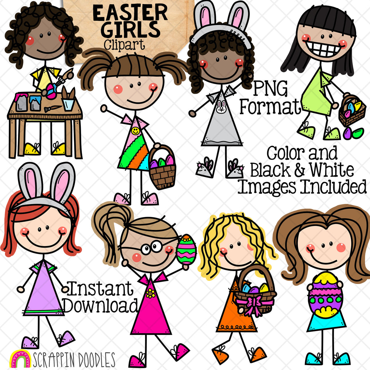 Easter Girls ClipArt - Doodle Girl Easter Clip Art - Egg Hunt - Painting Easter Eggs - Bunny Ears - Commercial Use PNG