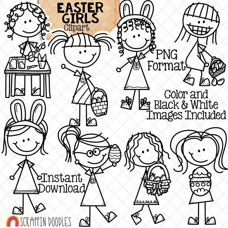 Easter Girls ClipArt - Doodle Girl Easter Clip Art - Egg Hunt - Painting Easter Eggs - Bunny Ears - Commercial Use PNG