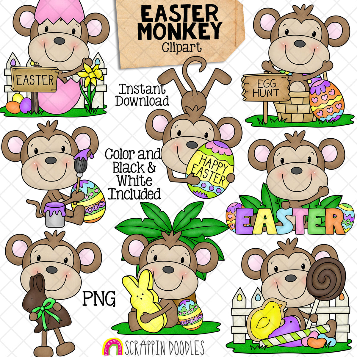 Easter Monkey Clip Art - Jungle Animals - Monkeys with Easter Eggs - Commercial Use PNG Sublimation