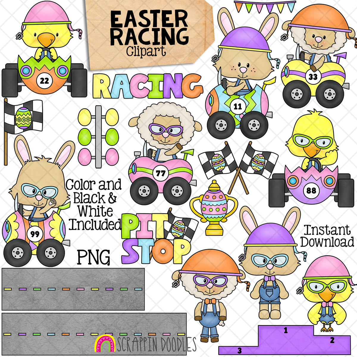 Easter Racing ClipArt - Car Racing - Bunny in Race Car - Motor Sports - Easter Chick - Sheep - Jelly Bean Car - Easter Egg Car - CU PNG