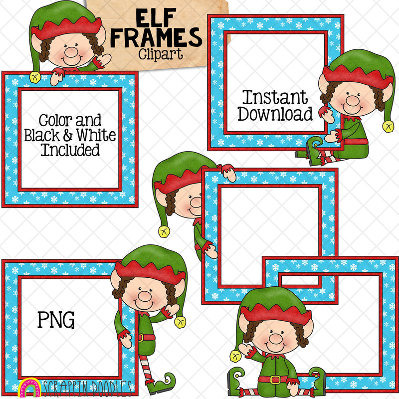 Elf Frames Clip Art - Christmas Elves Posing - Standing - Sitting - Walking - Elfkins - Commercial Use - Hand Drawn PNG