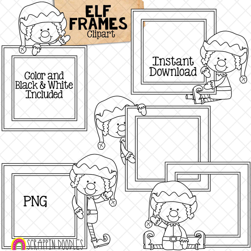 Elf Frames Clip Art - Christmas Elves Posing - Standing - Sitting - Walking - Elfkins - Commercial Use - Hand Drawn PNG