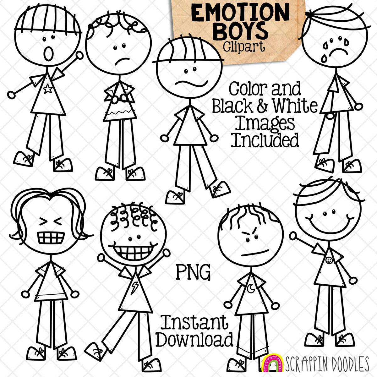 Emotion ClipArt - Doodle Boys Expression Clip Art - Facial Expressions - Happy - Sad - Angry - Indifferent - Frustrated - Commercial Use PNG