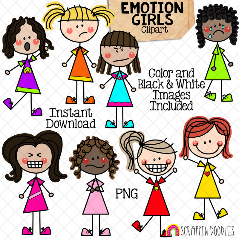 Emotion ClipArt - Doodle Girls Expression Clip Art - Facial Expressions - Happy - Sad - Angry - Indifferent - Frustrated - Commercial Use PNG