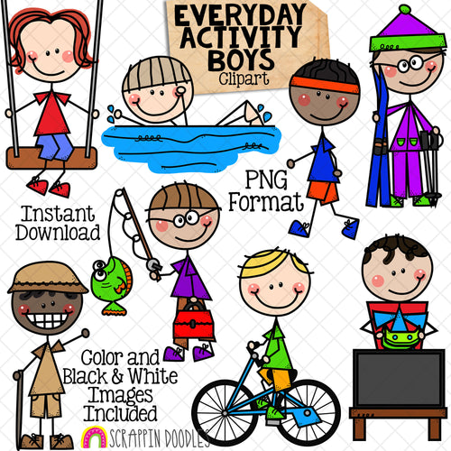 Everyday Activity Boys Clip Art - Doodle Boys - Hiking - Fishing - Skiing - Swimming - Video Gaming - Cycling - Stick Figure Graphics - PNG