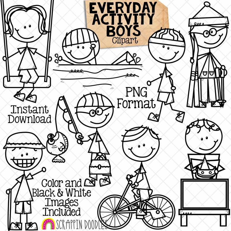 Everyday Activity Boys Clip Art - Doodle Boys - Hiking - Fishing - Skiing - Swimming - Video Gaming - Cycling - Stick Figure Graphics - PNG