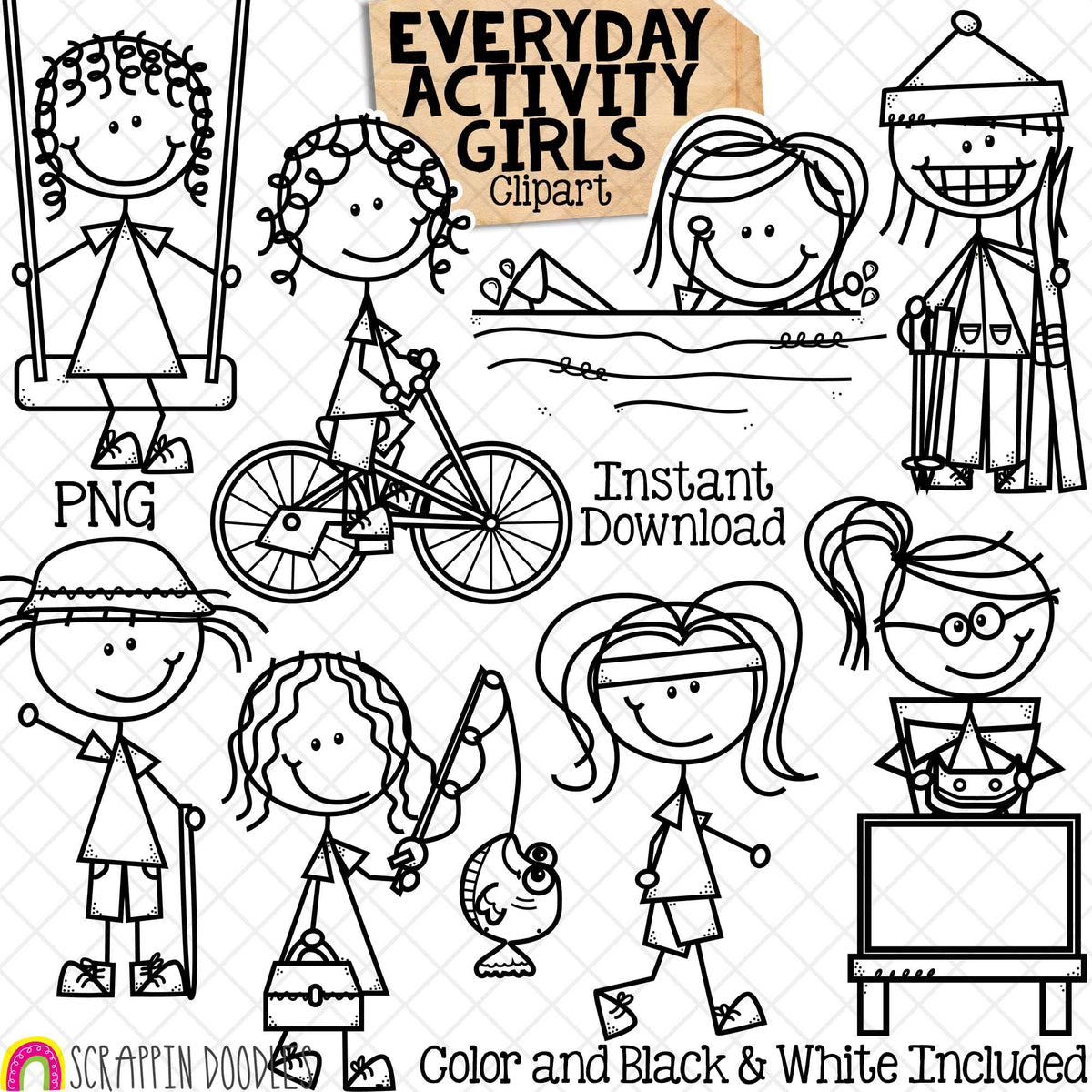 Everyday Activity Girls Clip Art - Doodle Girls Activities - Hiking - Fishing - Skiing - Swimming - Video Gaming - Cycling - Stick Figure Graphics - PNG