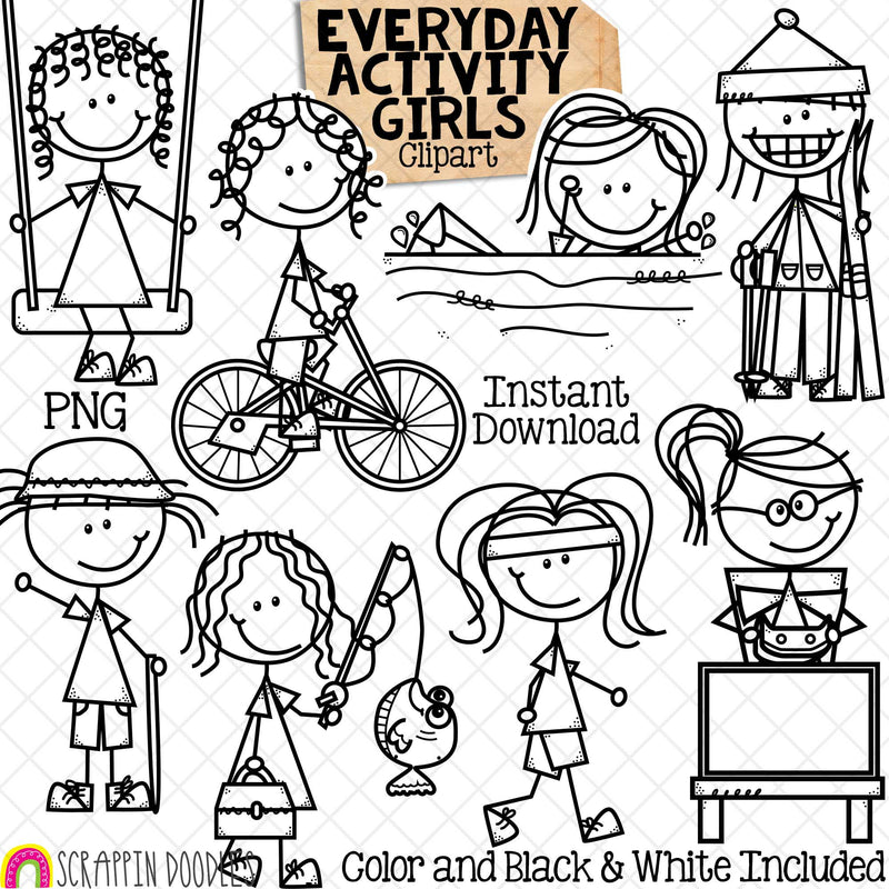 Everyday Activity Girls Clip Art - Doodle Girls Activities - Hiking - Fishing - Skiing - Swimming - Video Gaming - Cycling - Stick Figure Graphics - PNG