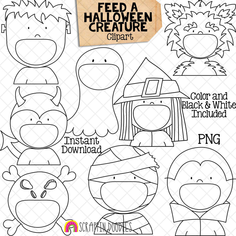 Feed A Halloween Creature ClipArt - Feeding Open Mouth Frankenstein - Werewolf - Devil - Witch - Ghost - Mummy - Skeleton - Dracula - Create a Game - Commercial Use PNG