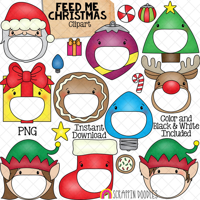 Feed Me Christmas ClipArt - Feeding Open Mouth - Santa - Elf - Gingerbread - Gift - Stocking - Reindeer - Tree - Ornament - Create a Game