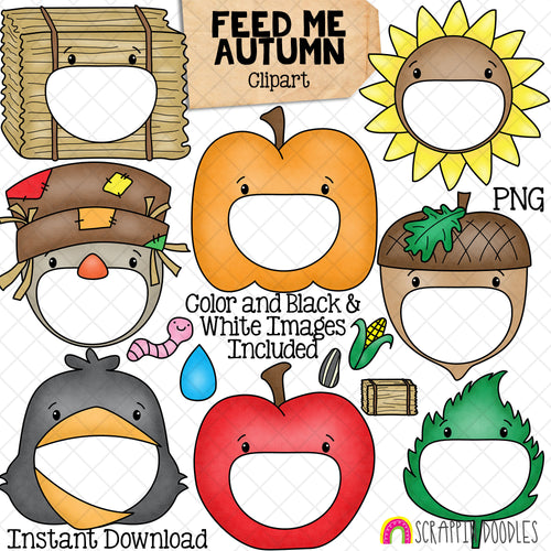 Feed Me Autumn ClipArt - Feeding Open Mouth - Hay Bale - Pumpkin - Sunflower - Scarecrow - Acorn - Crow - Apple - Leaf - Create a Game