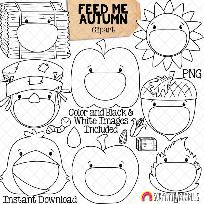 Feed Me Autumn ClipArt - Feeding Open Mouth - Hay Bale - Pumpkin - Sunflower - Scarecrow - Acorn - Crow - Apple - Leaf - Create a Game